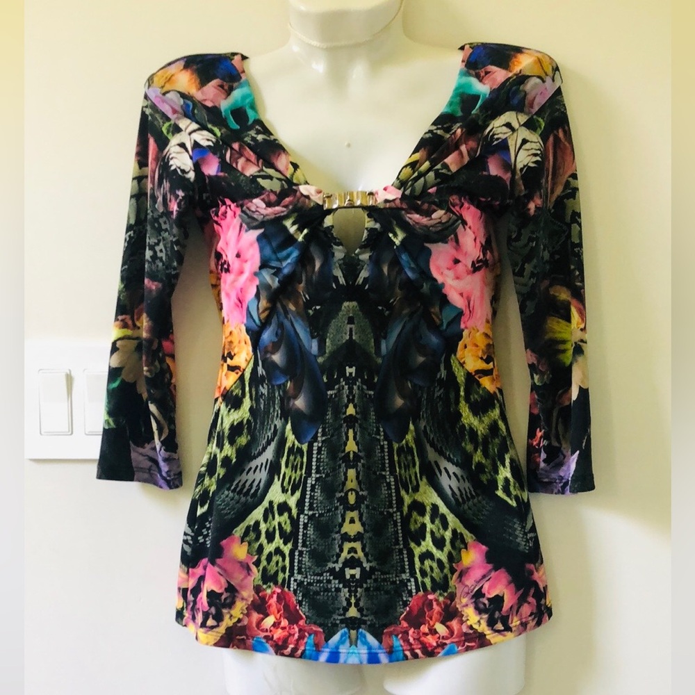 Roberto Cavalli Multicolor Floral & Animal-Print 3/4 Sleeve Top